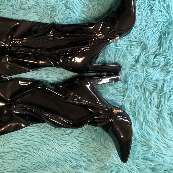 NEW WSKEISP HEELED OVER THE KNEE BOOTS PATENT LEATHER PU CHUNKY BLOCK HEEL (Flaw - Picture 8 of 16